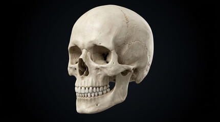 Obraz premium Human skull isolated on black background. Anatomical model of a cranium for medical study and education