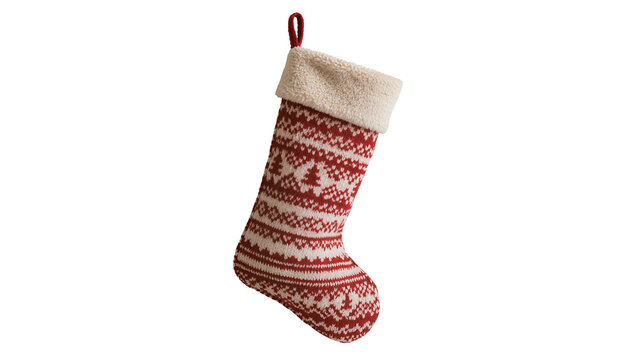 Red and white knitted Christmas stocking with fair isle pattern, isolated on transparent background