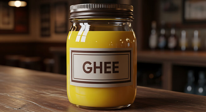 Jar of ghee clarified butter on a wooden counter with food ingredient food product traditional food storage cooking oil ingredient healthy fat transparent container natural food
