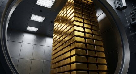 Fototapeta premium Gold Bars Stacked High in Secure Bank Vault
