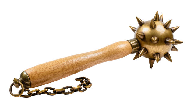 Spiked medieval mace with wooden handle and metal chain, isolated on transparent background