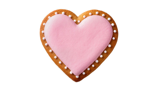 Heart shaped cookie with pink icing and white sprinkles, isolated on transparent background