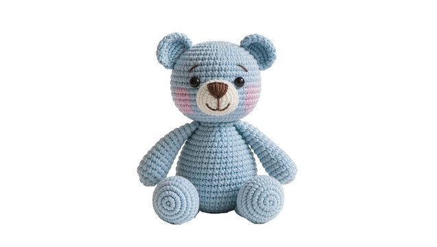 Blue crochet teddy bear with pink cheeks, isolated on transparent background