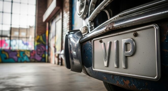 Close-up VIP license plate on rusty vintage car