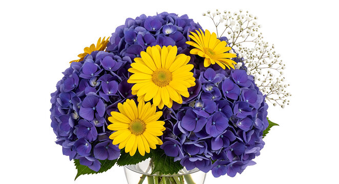 Colorful flower bouquet with hydrangeas and daisies purple flowers yellow flowers floral arrangement cut flower hydrangea botanical decoration celebration colorful ornamental