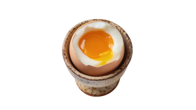 Soft boiled brown egg with runny yolk in ceramic egg cup, isolated on transparent background