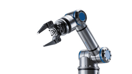 Industrial robotic arm with gripper, isolated on transparent background