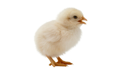 Obraz premium Fluffy yellow chick with open beak, isolated on transparent background