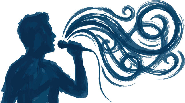 Blue silhouette man singing with swirling musical notes Vector