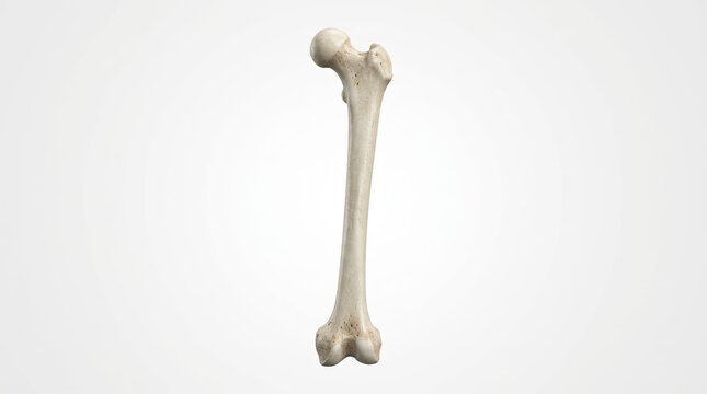 Human femur bone isolated on white background. Anatomical model of the thigh bone for medical education