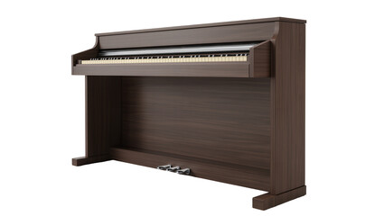 Dark brown upright piano with ivory and black keys, isolated on transparent background © Bogdan