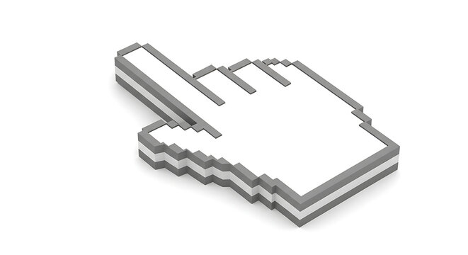 Pixelated cursor icon pointing forward on a white background with computer selection internet interface technology navigate highlight