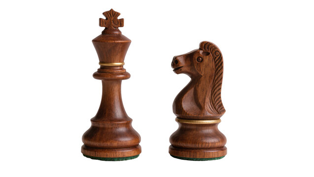 Wooden chess king and knight pieces, isolated on transparent background