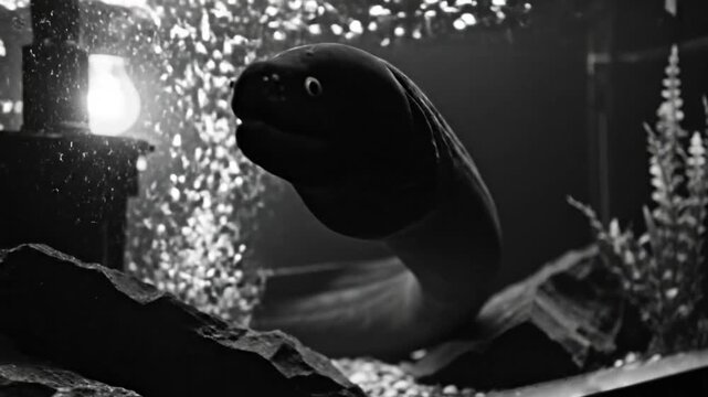 Black and white close up of a moray eel in an aquarium underwater with air bubbles rising