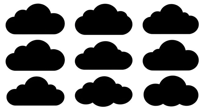 black cloud icon set, silhouette cloud shapes, weather cloud icons, sky cloud graphics, simple cloud symbols, flat cloud vector set, monochrome cloud icons, forecast weather symbols, minimal cloud des