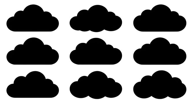 black cloud icon set, silhouette cloud shapes, weather cloud icons, sky cloud graphics, simple cloud symbols, flat cloud vector set, monochrome cloud icons, forecast weather symbols, minimal cloud des