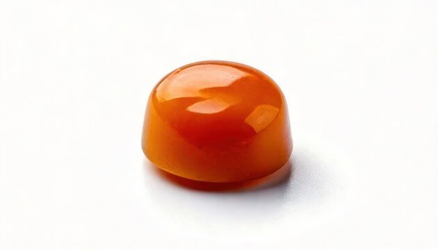 A single bright orange carnelian gemstone on a white background.