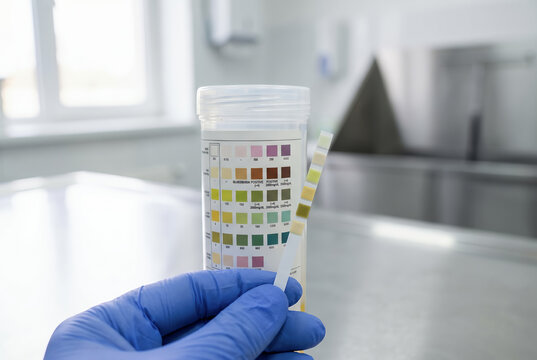 Veterinarian hand holding urine test strip against diagnostic bottle next to color chart in veterinary clinic laboratory. Feline Diabetes treatment and symptoms with copy-space.