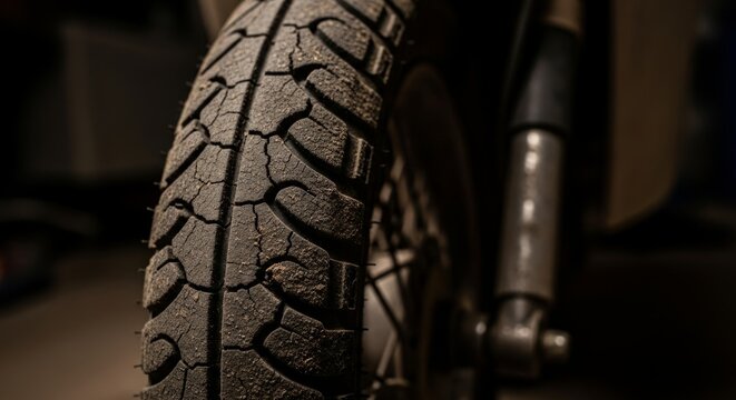 Worn Moped Tire Tread Close-Up in Garage