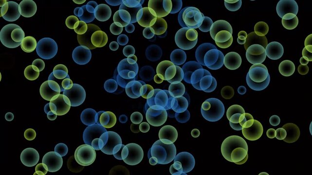 Fluorescent microscopic bubble animation, science research visualization, glowing soap bubbles under uv light