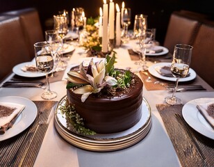 Fototapeta premium elegant dinner party with exquisite chocolate cake floral centerpieces and candlelight ambiance