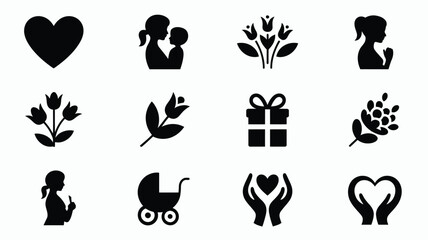 Fototapeta premium Vector illustration set of 12 minimalist icons representing love family and care including hearts silhouettes of parents and children plants gifts and symbols of nurturing