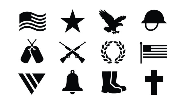 Minimalist vector design showcasing 12 military and patriotic symbols on white background with black icons