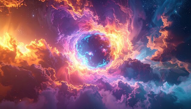 An abstract visualization of quantum superposition featuring a swirling, radiant sphere surrounded by clouds of multicolored energy in a celestial space setting.