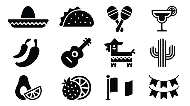Mexican fiesta icon set with sombrero taco guitar cactus and traditional symbols on white background
