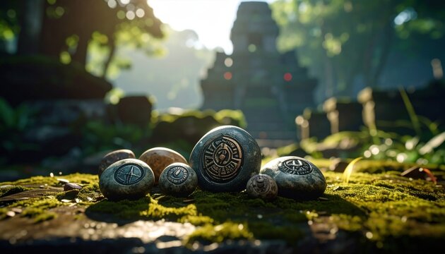 A collection of naturally polished pebbles featuring intricate faction insignias resting on a mossy surface with ancient temple ruins in the background at sunset.