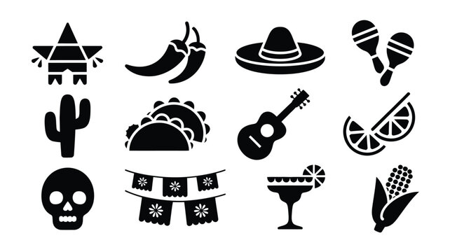 Black flat design mexican fiesta icons set including taco guitar and sombrero on white background