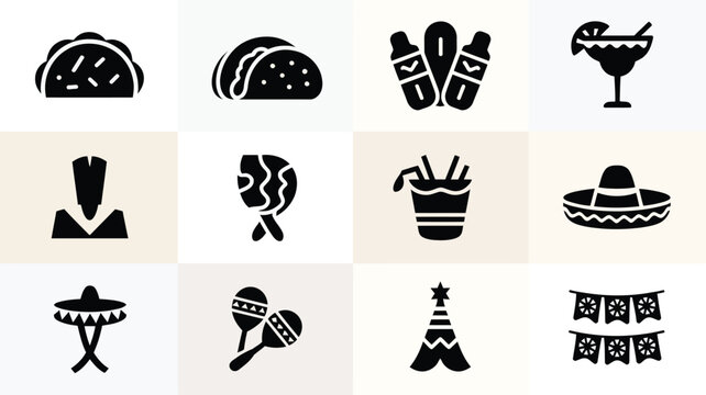 Mexican fiesta icon set with food drinks and cultural symbols in black and white