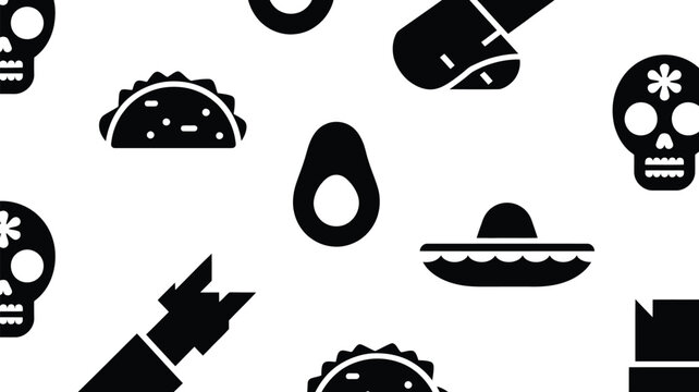 Black and white vector illustration of festive mexican icons including tacos skulls and sombreros on white background