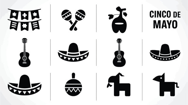 Cinco de mayo celebration icons featuring sombreros guitars and donkeys on white background