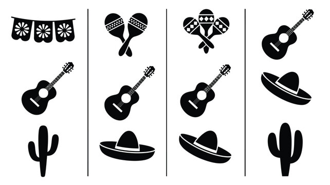 Vector design set featuring festive mexican icons including guitars sombreros cacti and maracas on white background