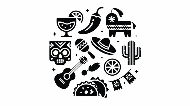 Vibrant mexican fiesta elements illustration with sombrero guitar taco cactus