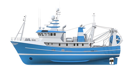 Naklejka premium Blue and white fishing trawler boat with port side white background fishing industry watercraft industry commercial transport illustration