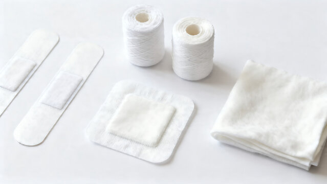 Medical and first aid supplies including bandages, sterile gauze pads, and rolls of medical tape isolated on transparent background
