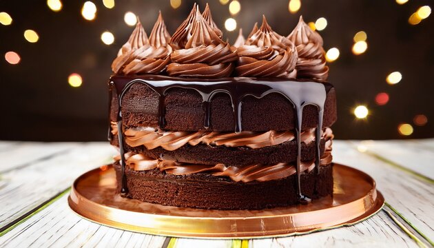 indulge in a decadent chocolate layer cake with creamy frosting and drizzled ganache delight