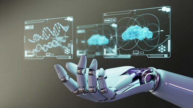 A robotic hand displaying digital screens with futuristic data visualizations and cloud computing graphics
