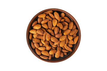 Naklejka premium Top View of Wooden Bowl Filled with Fresh Almonds on Transparent Background