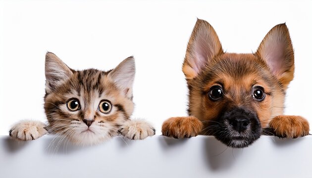 curious kitten and puppy peeking over white border isolated on white