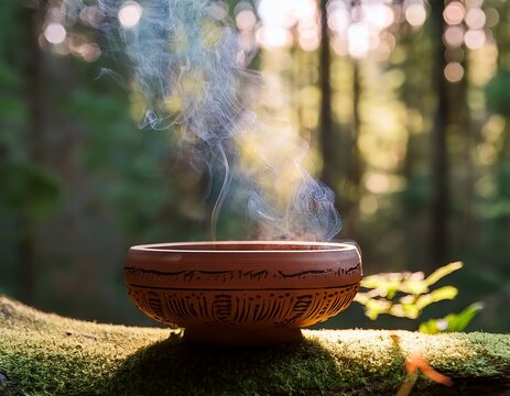 serene earthen bowl ritual brazier with incense smoke floating amidst a blurred forest background