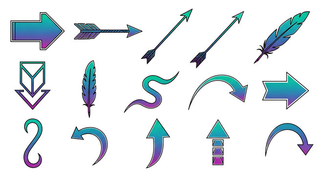 Collection of graphic arrows and feather icons in gradient colors with direction abstract collection illustration decoration gradient internet