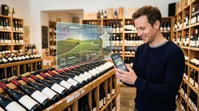 Man using augmented reality app in a wine shop. Customer looking at digital vineyard map and information on smartphone. Smart retail technology and wine education concept
