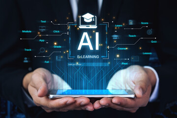 Fototapeta premium Artificial intelligence AI enhances online study courses with adaptive AI content, progress tracking and interactive AI learning experiences. AI assisted online e-learning school platform. Corpus