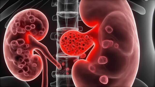 Kidney anatomy with cysts visible on organ surface positioned in medical illustration context depicting renal pathology structure representing diagnostic and educational reference