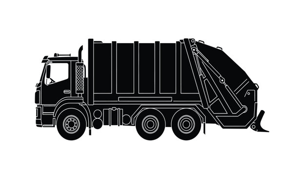A stark black silhouette depicts a heavy duty garbage truck with a compactor mechanism showcasing industrial design silhouette high quality professional detailed modern elegant
