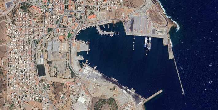 Lavrio Coastal Port City and Harbor Aerial Satellite View, Attica Greece