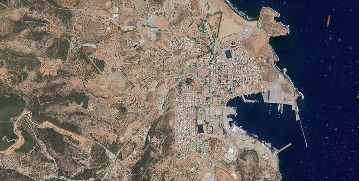 Lavrio Coastal Port City and Harbor Aerial Satellite View, Attica Greece